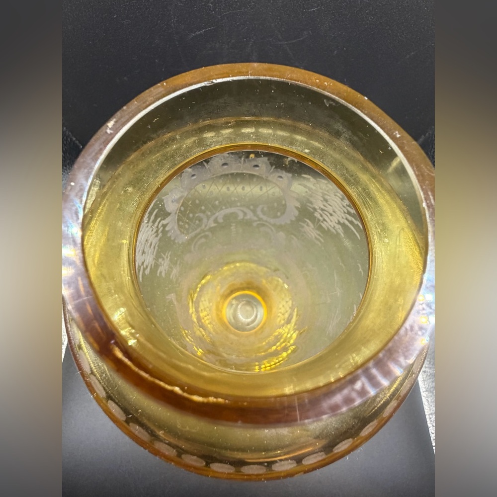 Vintage Bohemian Etched Yellow Pastoral Castle Rabbit Bird Landscape Glass Vase - Picture 13 of 16